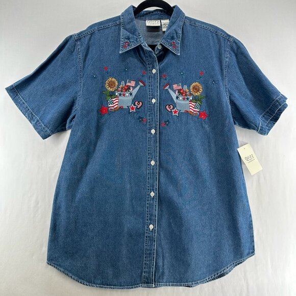 Vtg Quizz Again Jeans Denim Shirt Women XL Short Sleeve Button Up Patriotic Blue - Picture 1 of 10